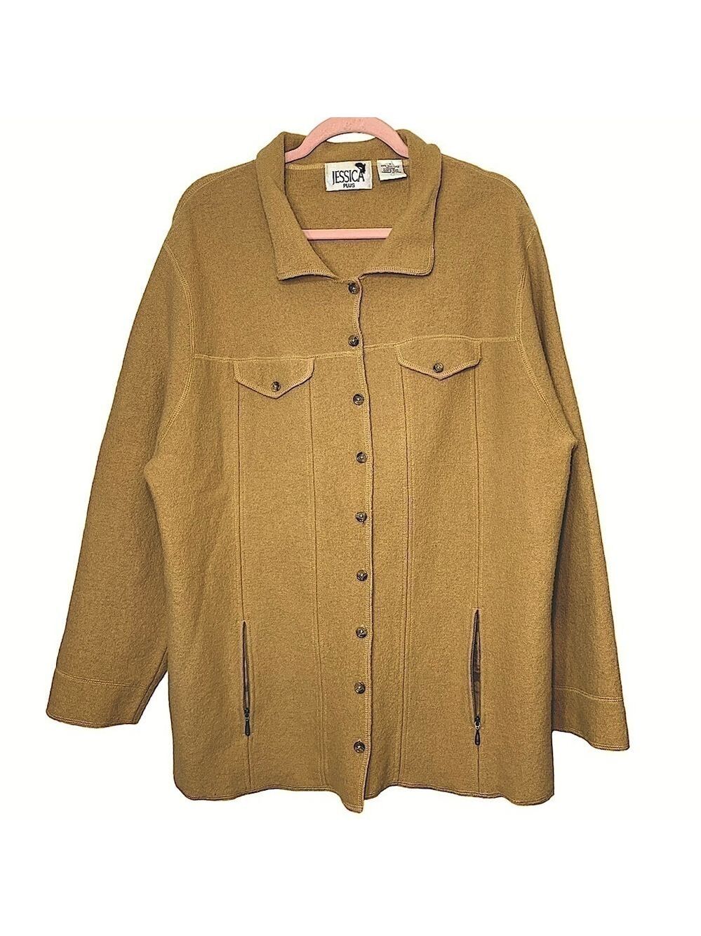 VINTAGE Tan Brown Wool Button Down Shacket Neutral Cardigan Sweater Pocket Sz 1X